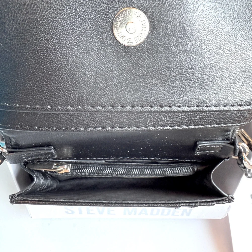 Steve Madden Black Quilted Crossbody Mini-Bag wallet Clutch Chain Strap Box NWT - Picture 7 of 7